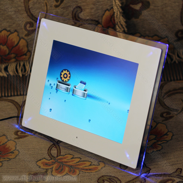 large 15 inch digital photo frame in white with blue led light